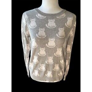 Jacquard Knit Smiling Cat Print Sweater Gray White Whimsical Juniors L